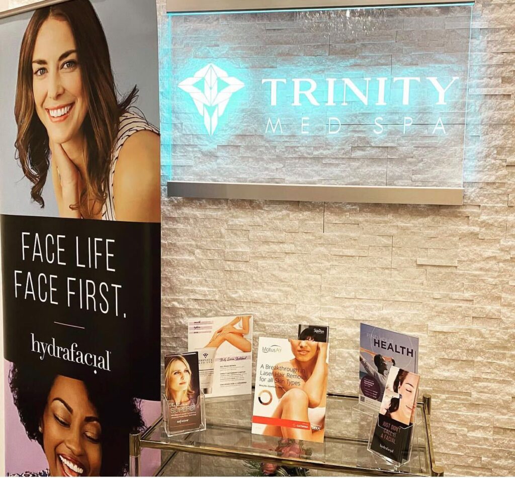 Trinity Med Spa Lobby area with a free leaflets of their other services.